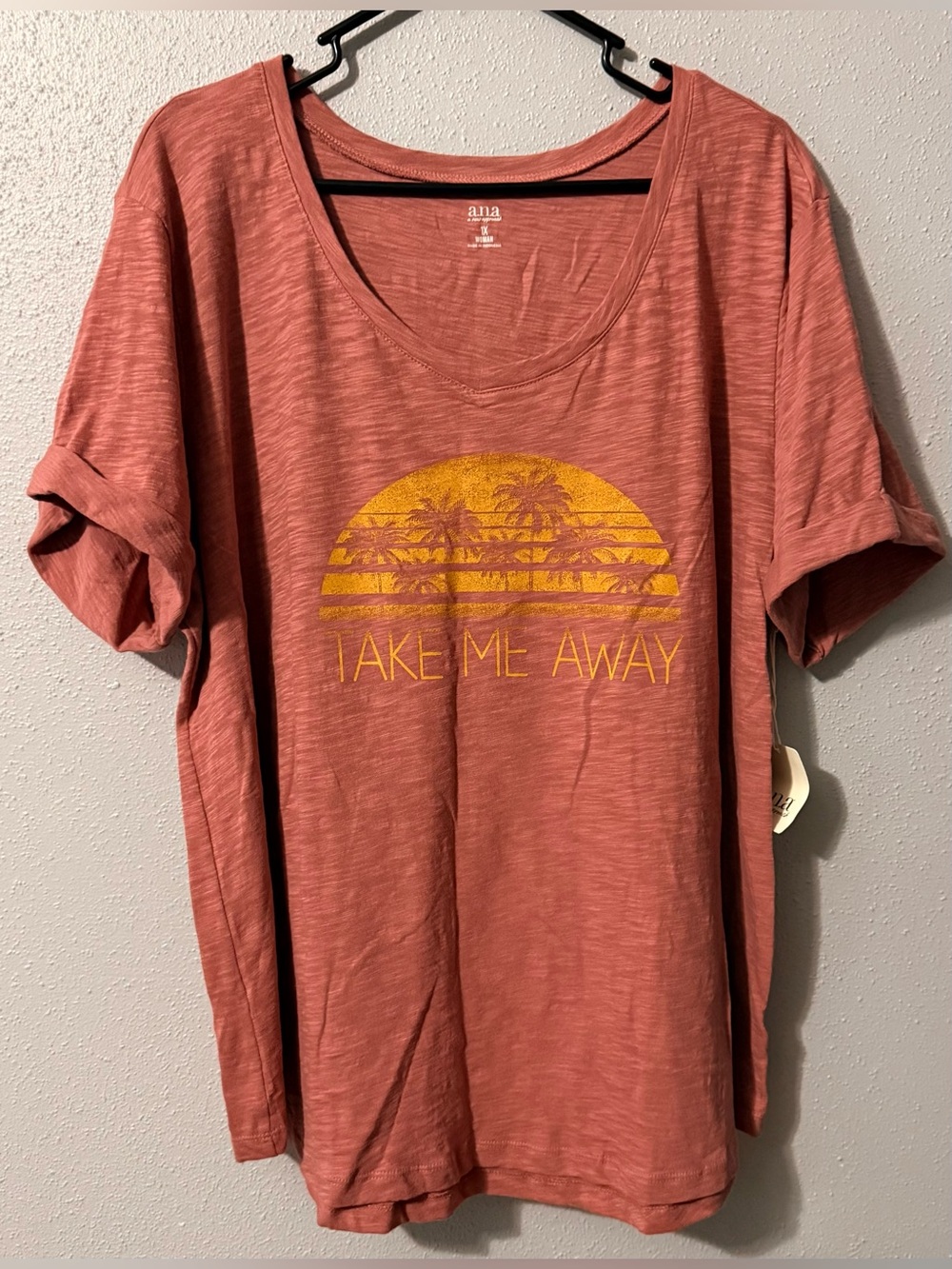 Graphic 'Take Me Away' Tee in Rust with Yellow Print